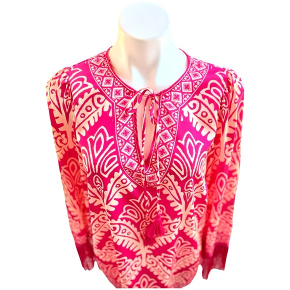 Flying Tomato Pink and Cream Patterned Tunic wide Fringed Sleeves - Picture 2 of 9